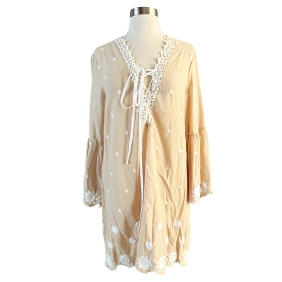ANTONIO MELANI CoverUp Tunic Tan Embroidery Lace Details Bell Sleeves Neck Tie - Picture 10 of 10